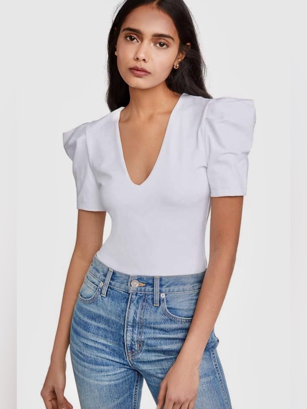 Susana Monaco White V-Neck Puff Sleeve Bodysuit